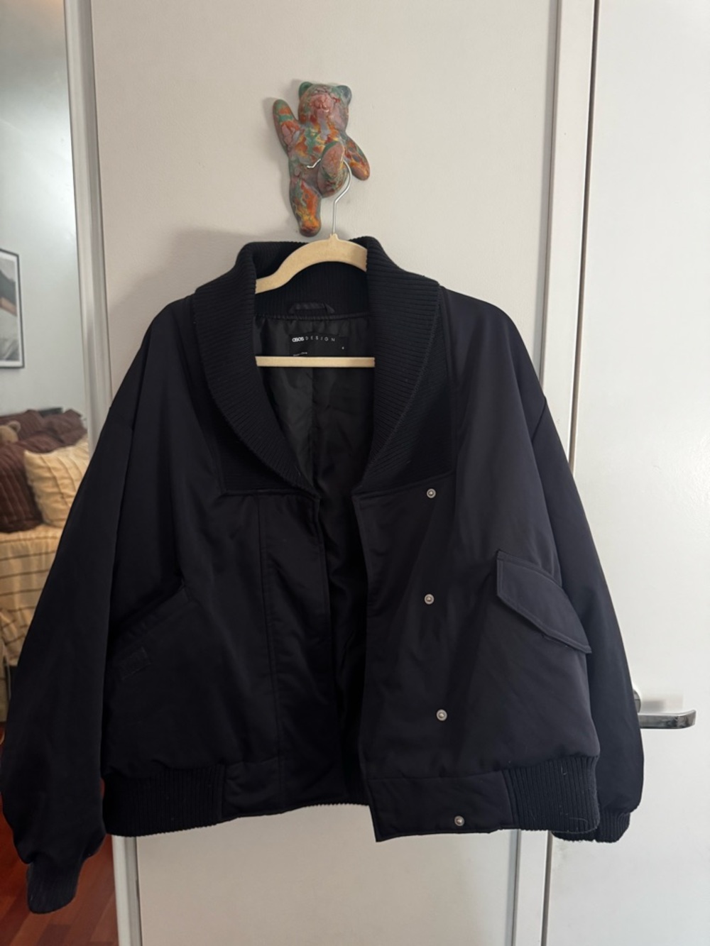 ASOS DESIGN knit collar bomber jacket in navy - Picture 2 of 5